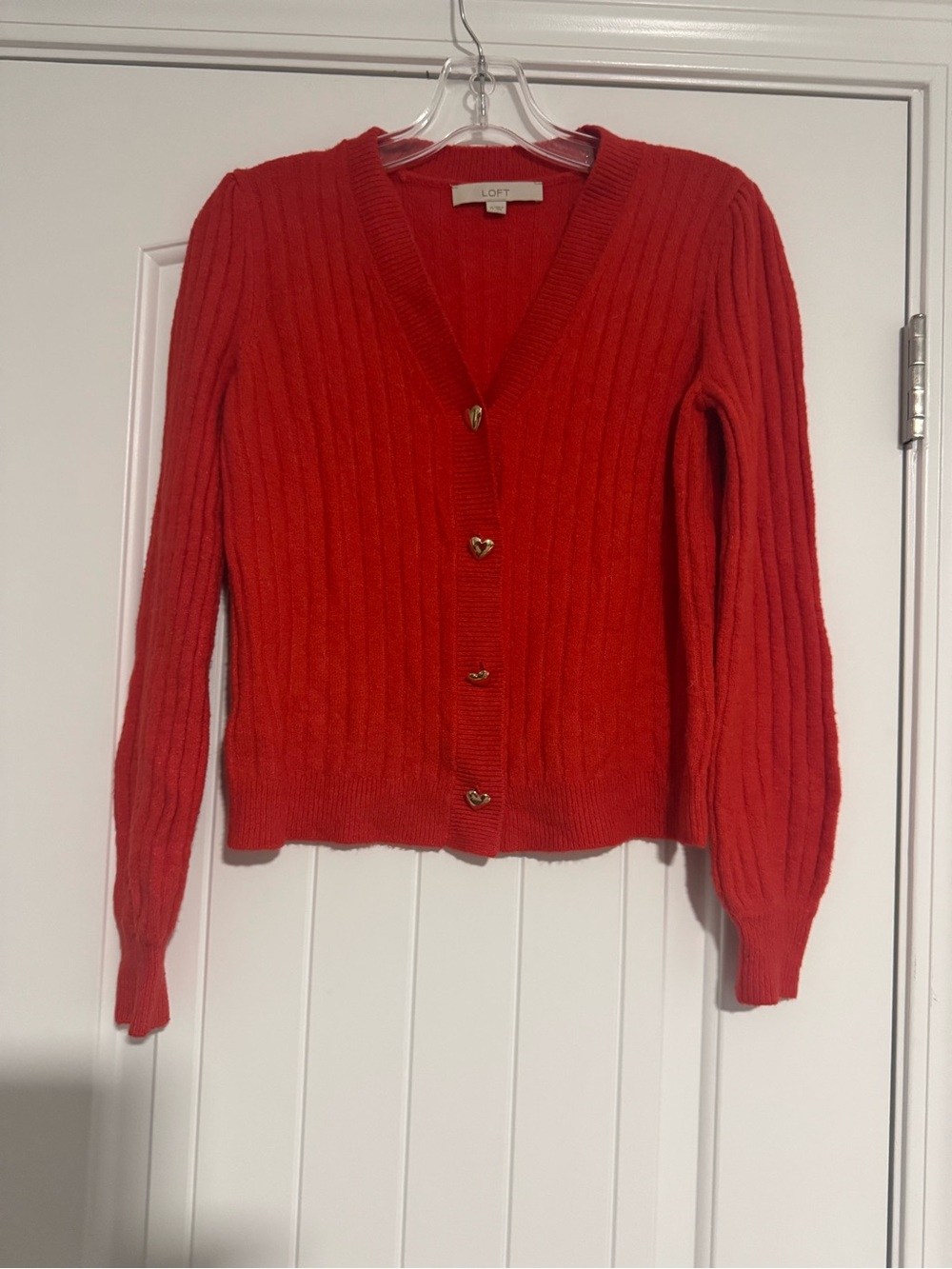 LOFT Scarlet Red Ribbed V-Neck Heart Button Cardigan